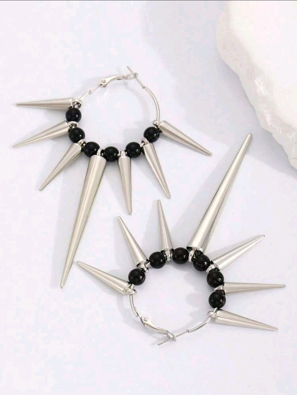 Silver Spike Hoop Earrings with Black Beads - Women's Jewelry